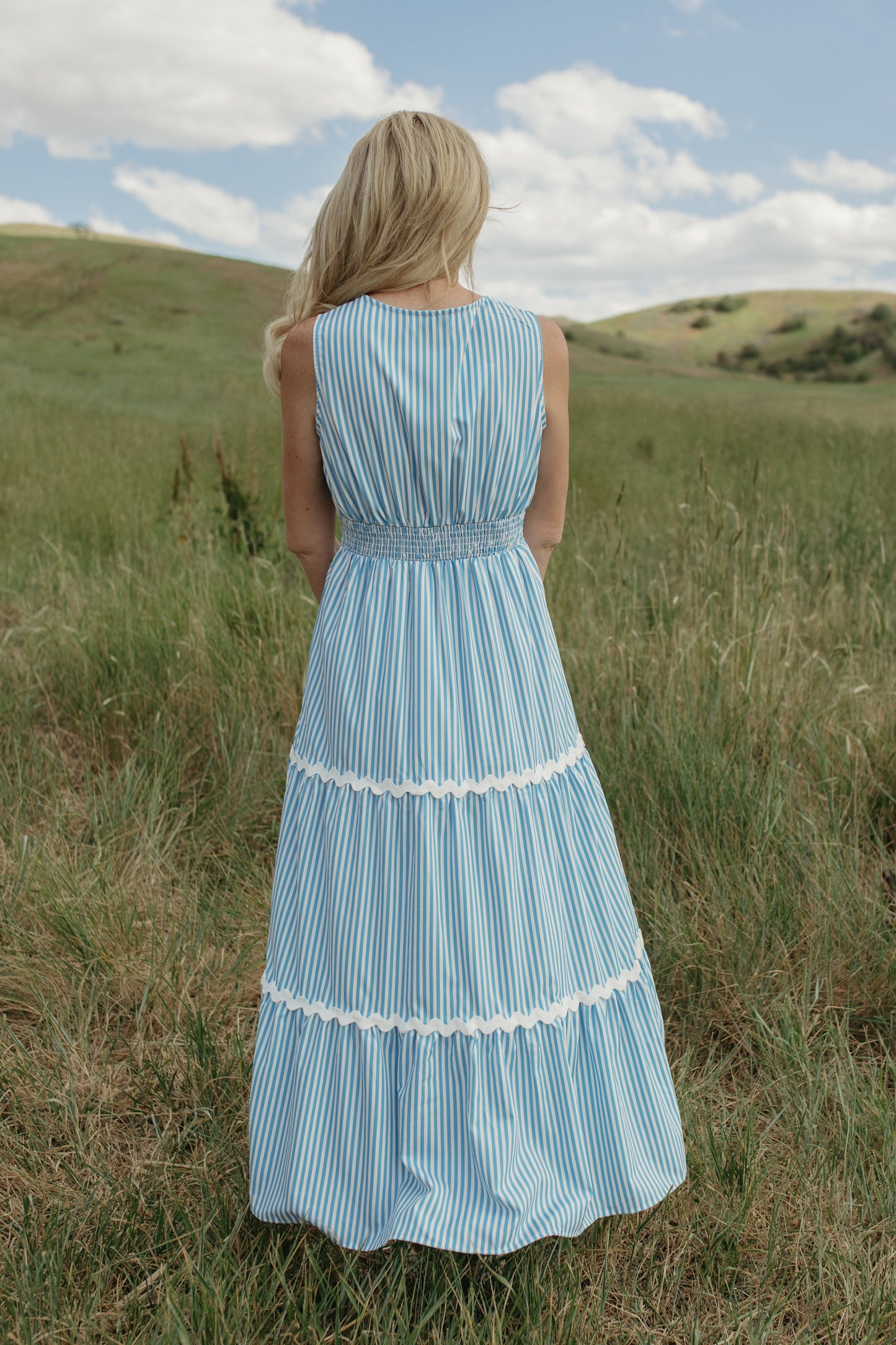 THE PAULINA V-NECK BLUE STRIPED DRESS