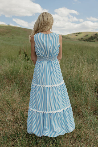 THE PAULINA V-NECK BLUE STRIPED DRESS
