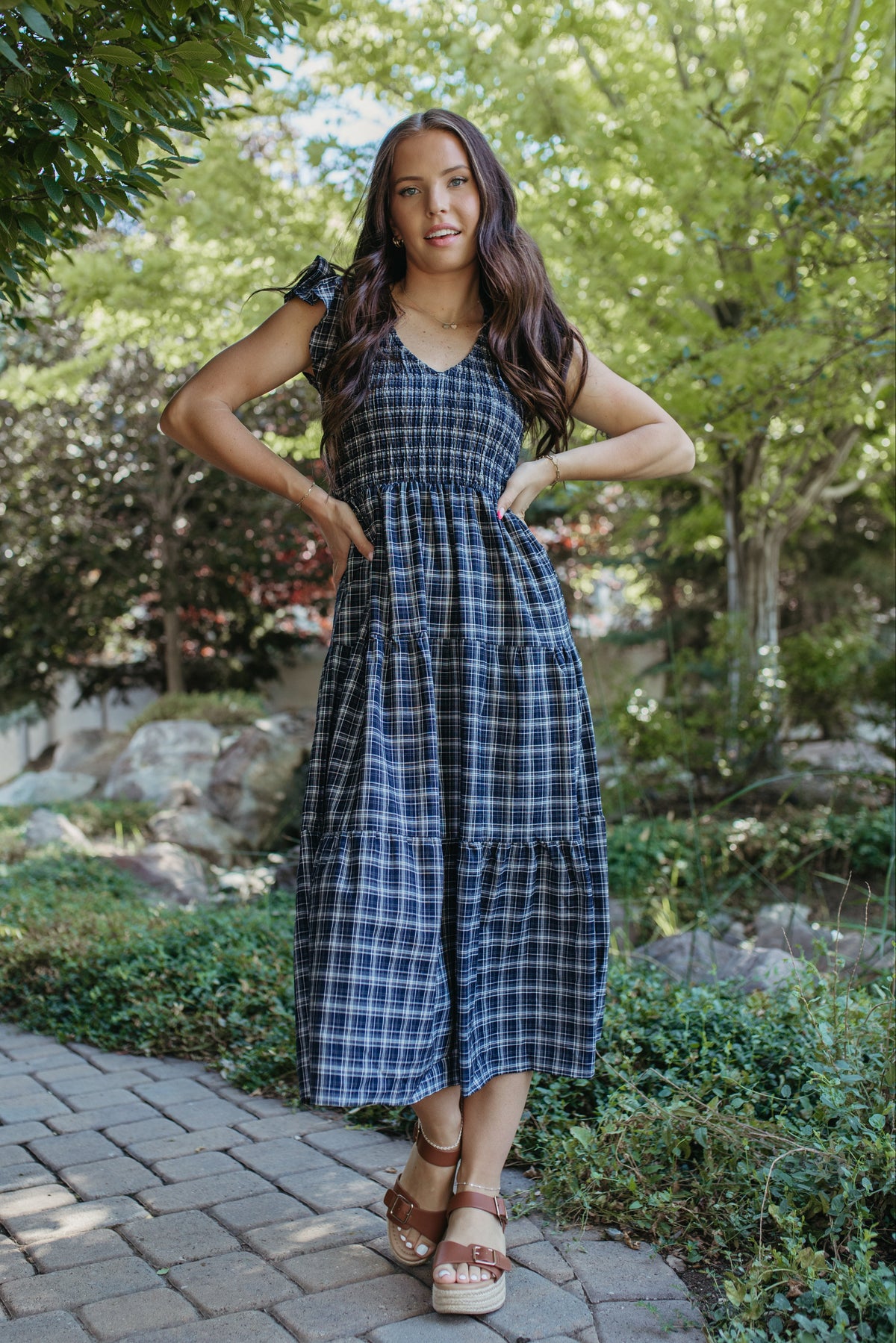 THE LEILANI PLAID TIERED SMOCKED DRESS IN NAVY