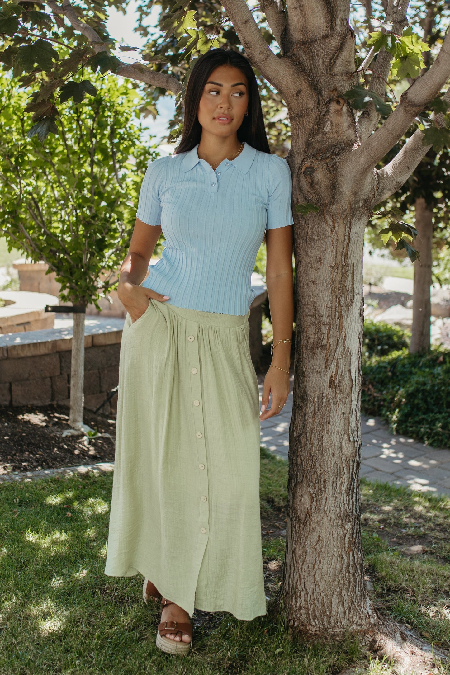 THE VADA GREEN BUTTON MIDI SKIRT