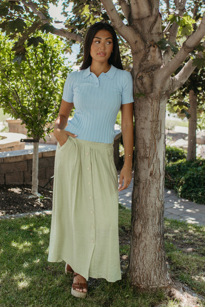 THE VADA GREEN BUTTON MIDI SKIRT