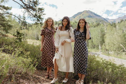 THE IVY PLAID MIDI V-NECK DRESS IN BURGUNDY