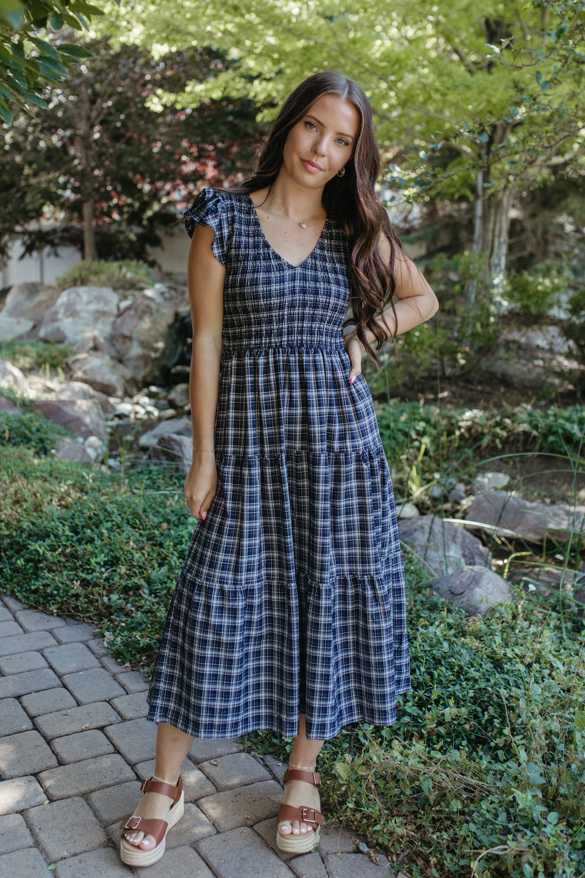 THE LEILANI PLAID TIERED SMOCKED DRESS IN NAVY