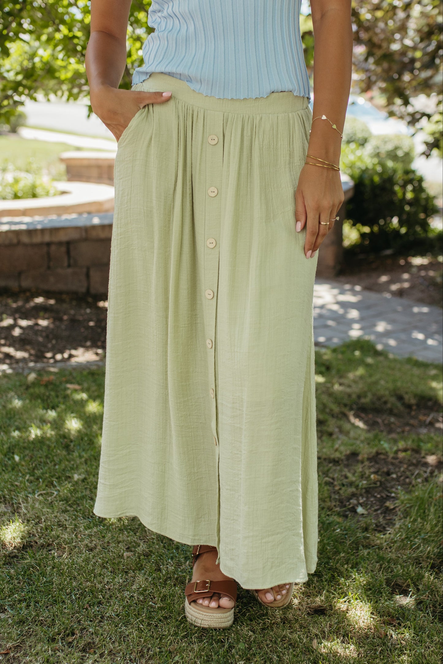 THE VADA GREEN BUTTON MIDI SKIRT