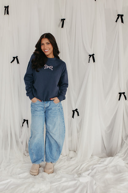 THE MILEY BOW EMBROIDERED SWEATSHIRT IN INDIGO