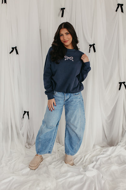 THE MILEY BOW EMBROIDERED SWEATSHIRT IN INDIGO