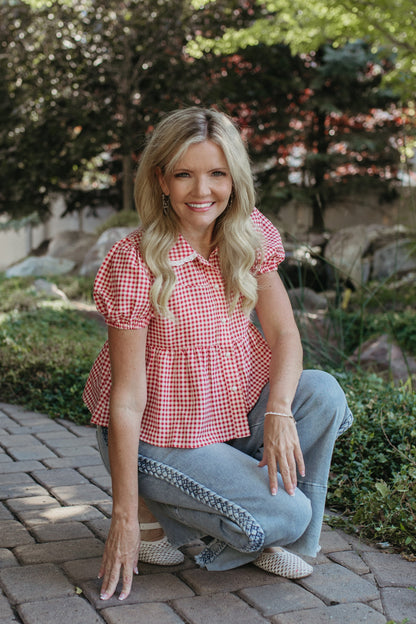 THE MATILDA PUFF SLEEVE BUTTON BLOUSE IN RED CHECK