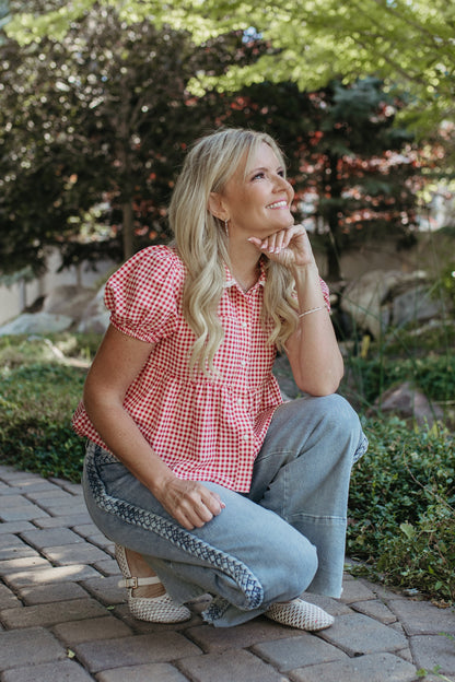 THE MATILDA PUFF SLEEVE BUTTON BLOUSE IN RED CHECK