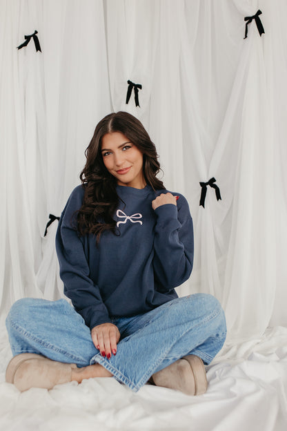THE MILEY BOW EMBROIDERED SWEATSHIRT IN INDIGO
