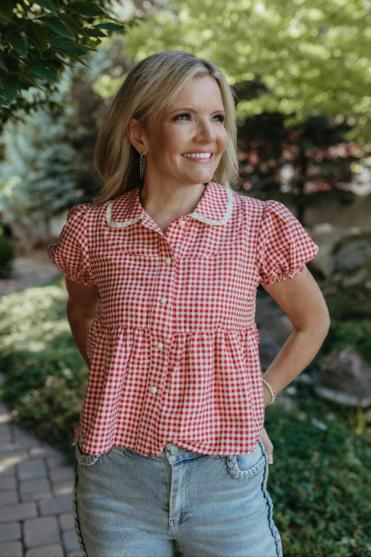 THE MATILDA PUFF SLEEVE BUTTON BLOUSE IN RED CHECK