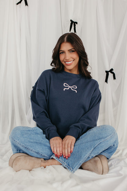 THE MILEY BOW EMBROIDERED SWEATSHIRT IN INDIGO