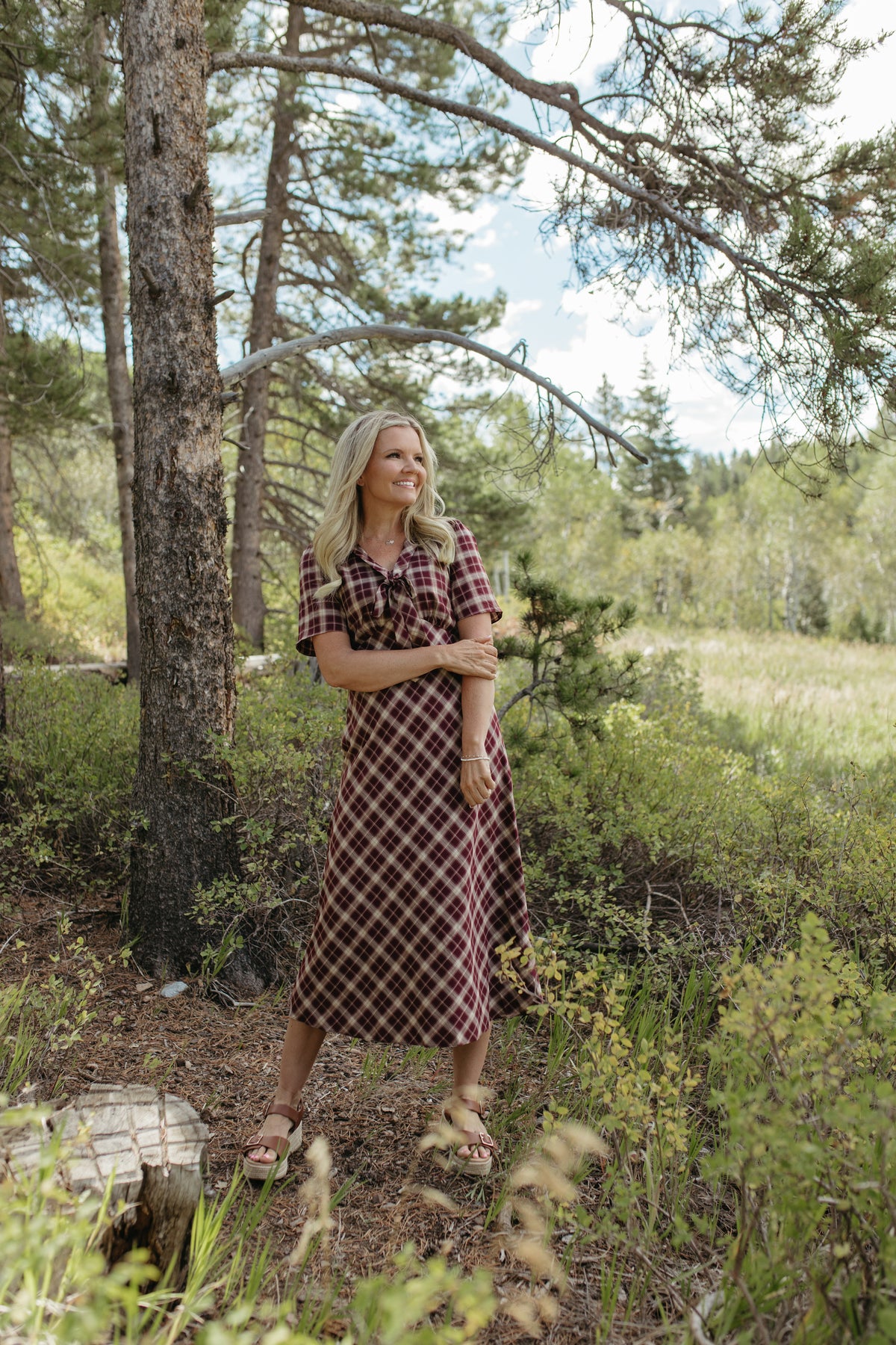 THE IVY PLAID MIDI V-NECK DRESS IN BURGUNDY