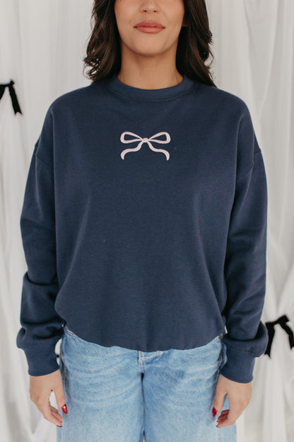 THE MILEY BOW EMBROIDERED SWEATSHIRT IN INDIGO