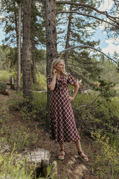 THE IVY PLAID MIDI V-NECK DRESS IN BURGUNDY
