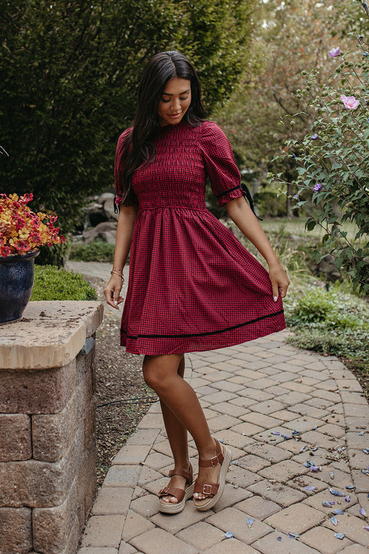 The Lyanna Gingham Smocked Dress in Dark Red, photo 2 of 4
