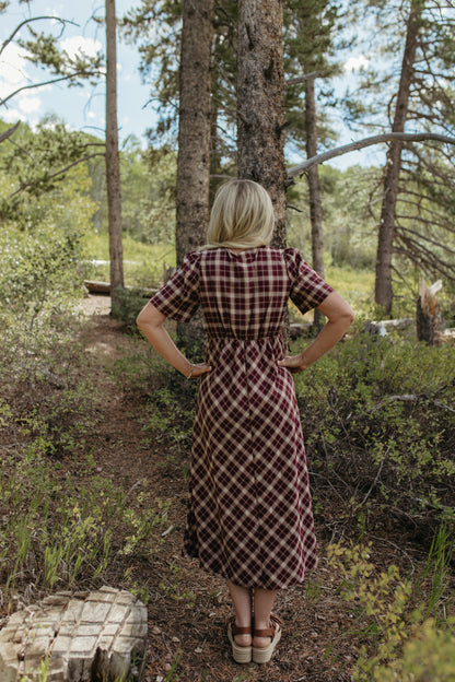 THE IVY PLAID MIDI V-NECK DRESS IN BURGUNDY