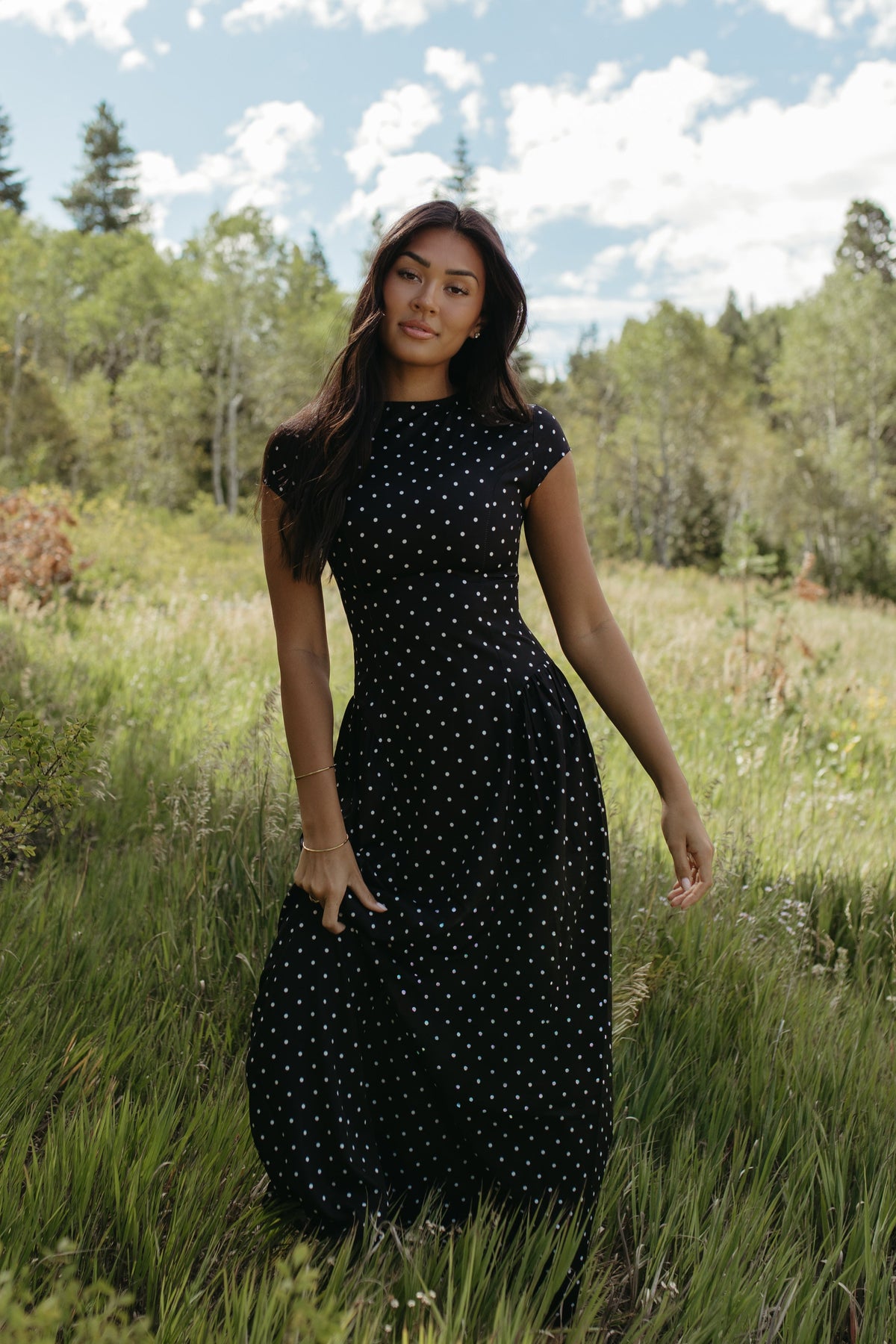 THE DREW POLKA DOT MAXI DRESS IN BLACK