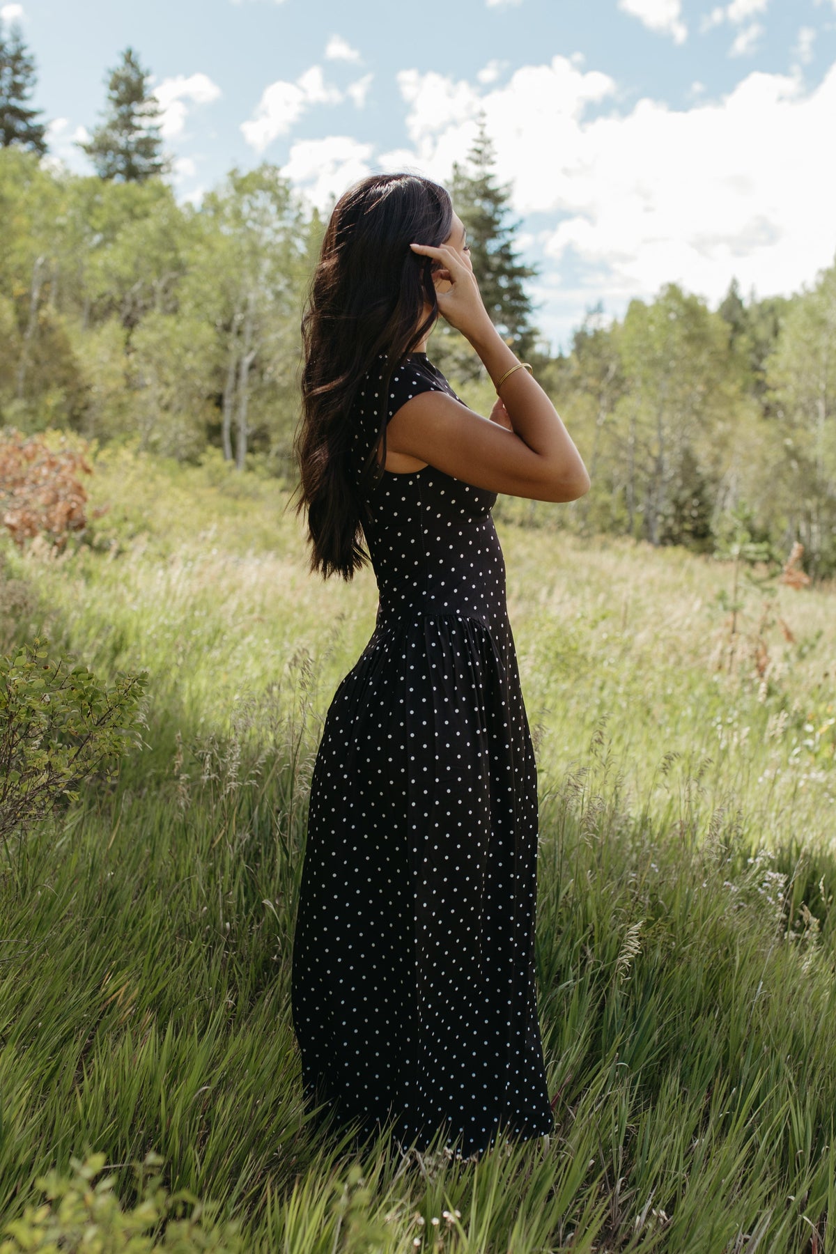 THE DREW POLKA DOT MAXI DRESS IN BLACK