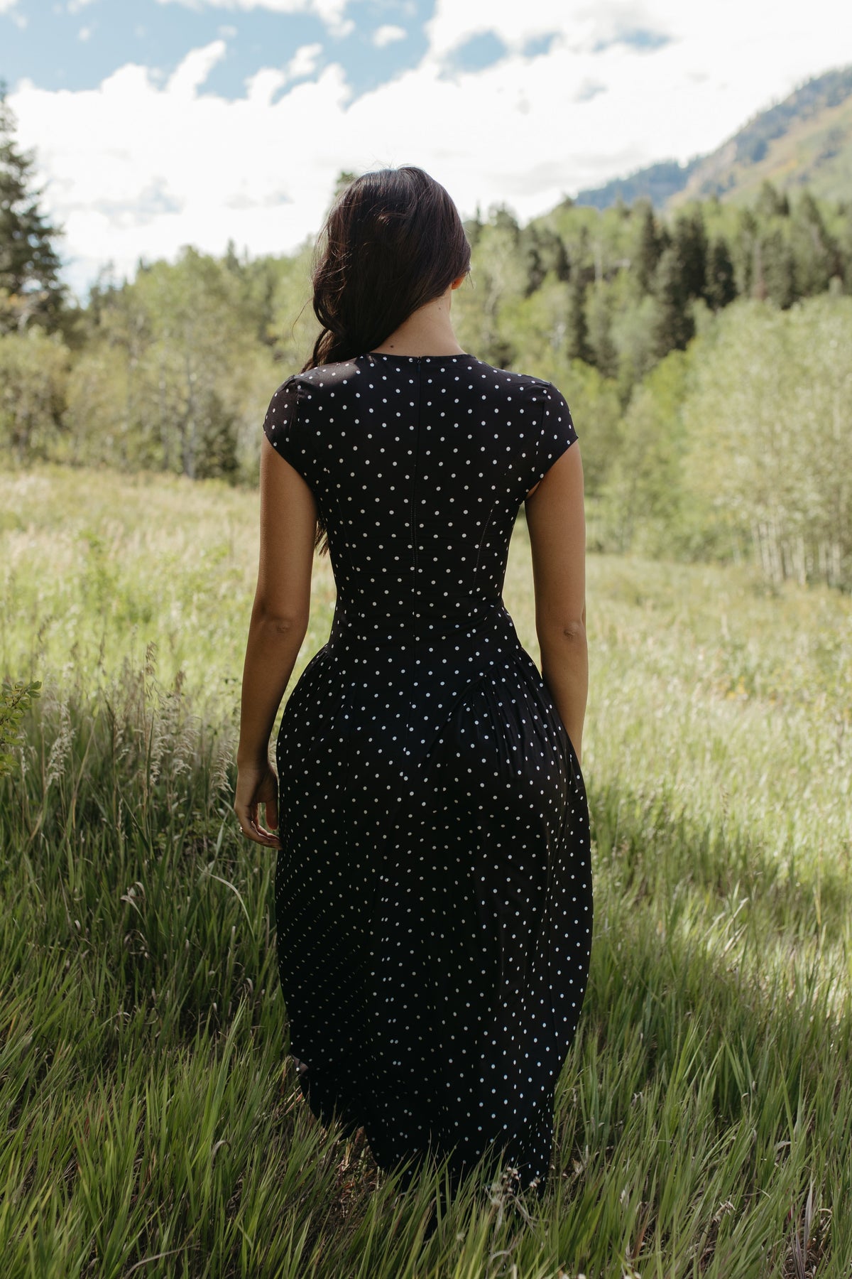 THE DREW POLKA DOT MAXI DRESS IN BLACK