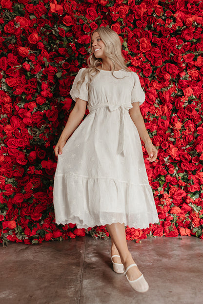 THE LUCY EMBROIDERED CHIFFON DRESS IN IVORY