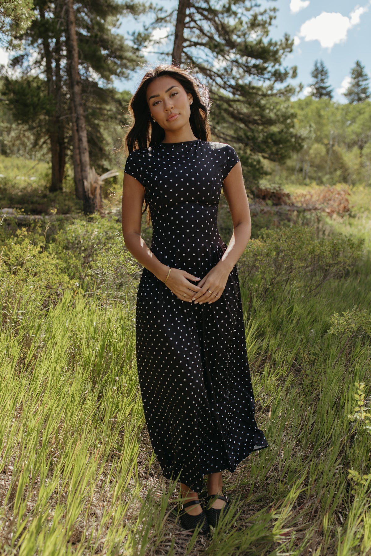 THE DREW POLKA DOT MAXI DRESS IN BLACK