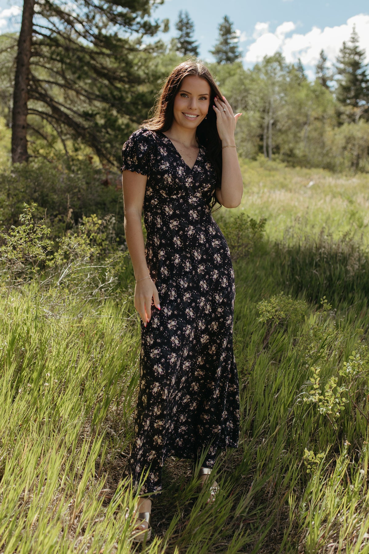 THE CELINE FLORAL MAXI V-NECK DRESS IN BLACK