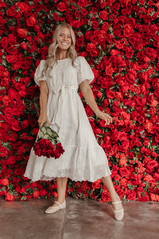 THE LUCY EMBROIDERED CHIFFON DRESS IN IVORY