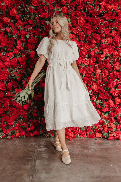 THE LUCY EMBROIDERED CHIFFON DRESS IN IVORY