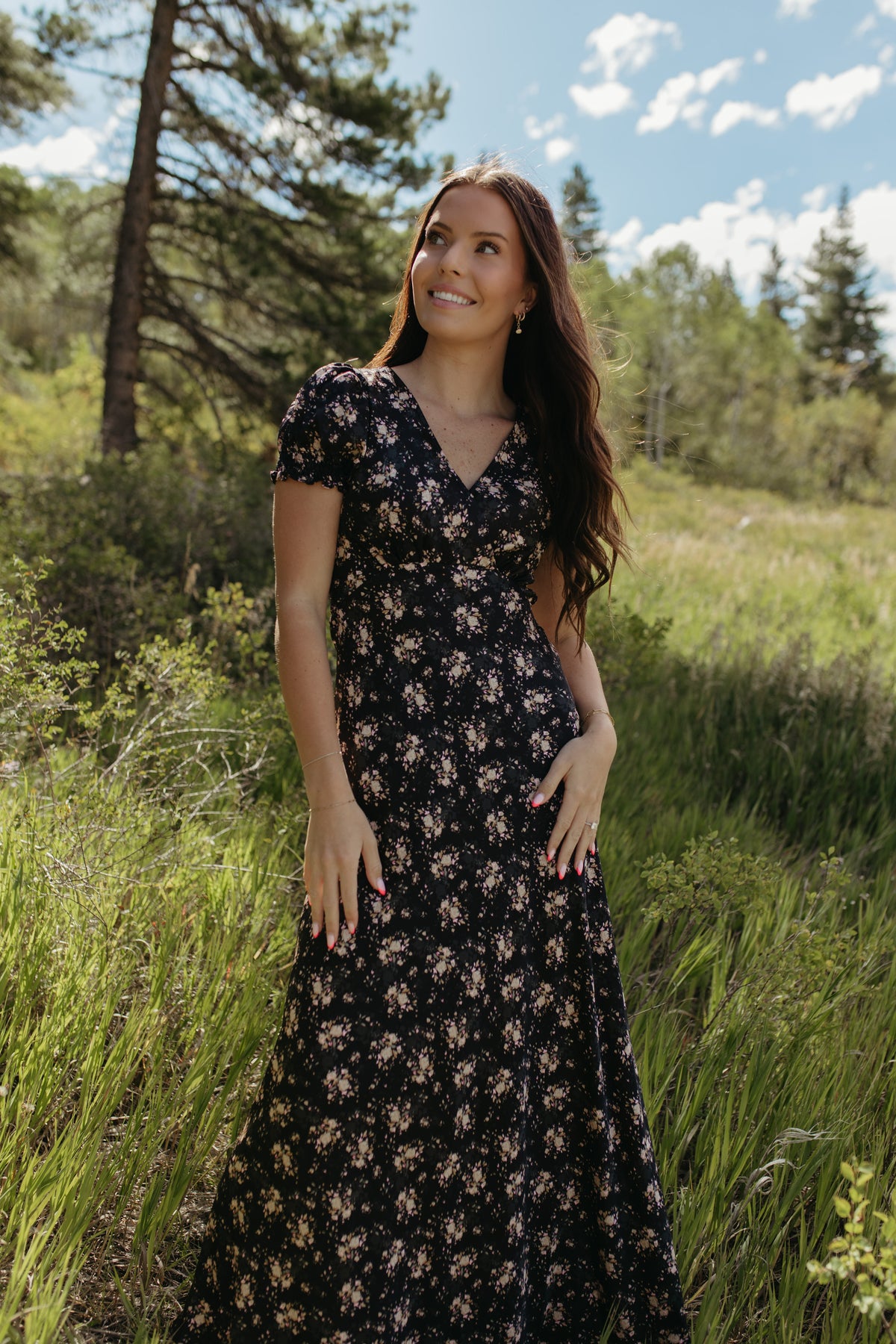 THE CELINE FLORAL MAXI V-NECK DRESS IN BLACK