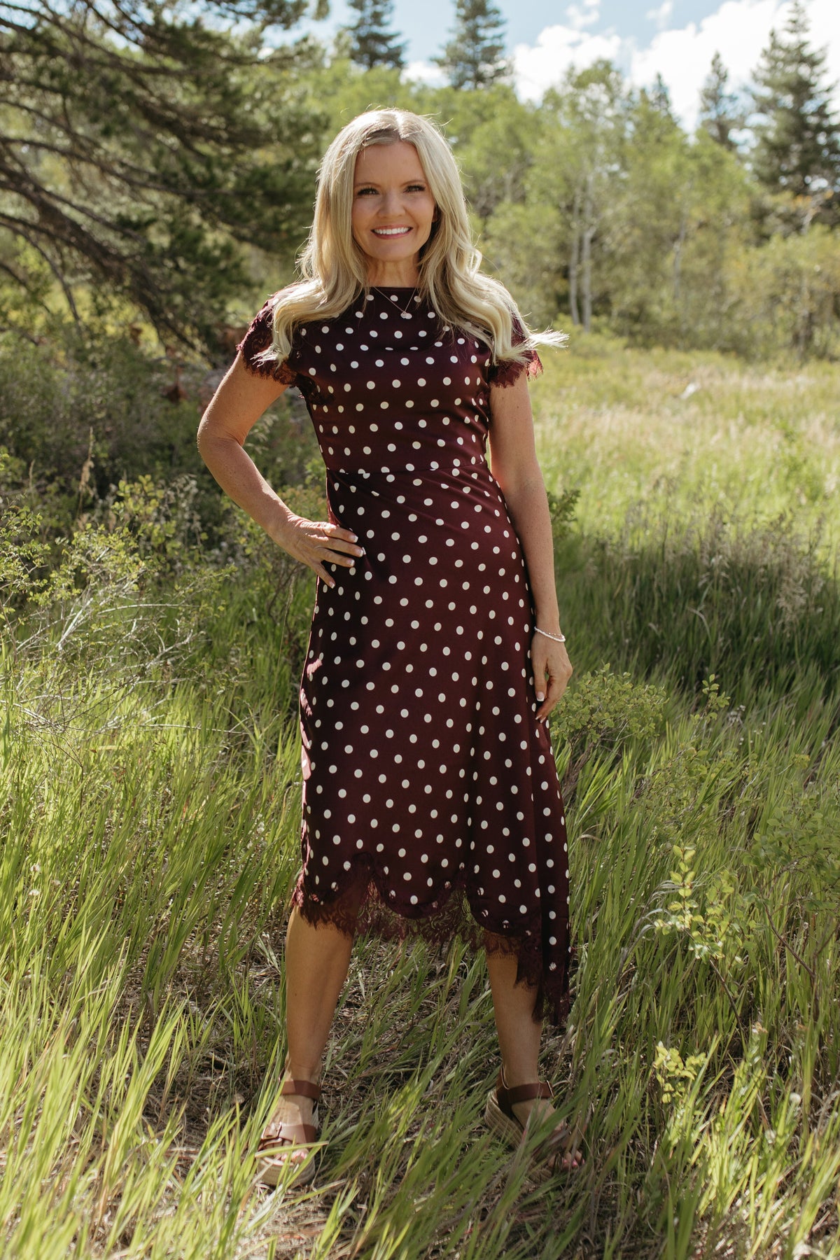 THE PRISCILLA POLKA DOT MIDI SHORT SLEEVE DRESS IN BURGUNDY