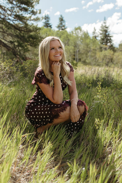 THE PRISCILLA POLKA DOT MIDI SHORT SLEEVE DRESS IN BURGUNDY
