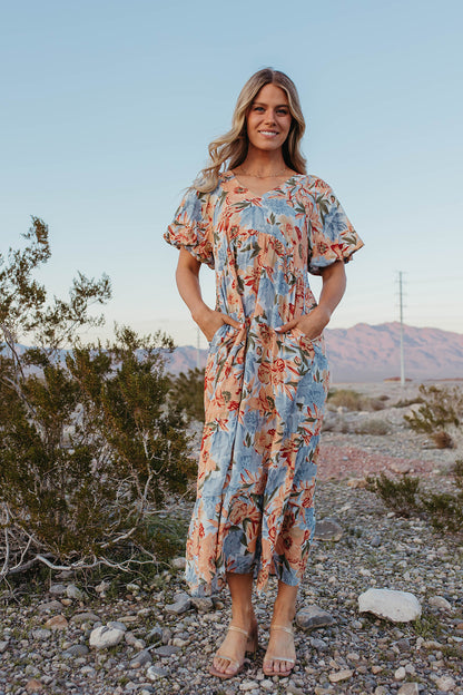 THE MEGAN PUFF SLEEVE MAXI DRESS IN BLUE FLORAL