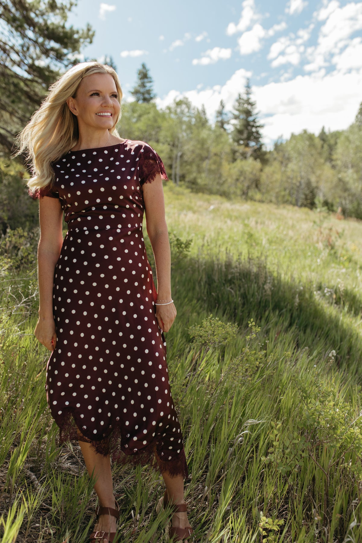 THE PRISCILLA POLKA DOT MIDI SHORT SLEEVE DRESS IN BURGUNDY