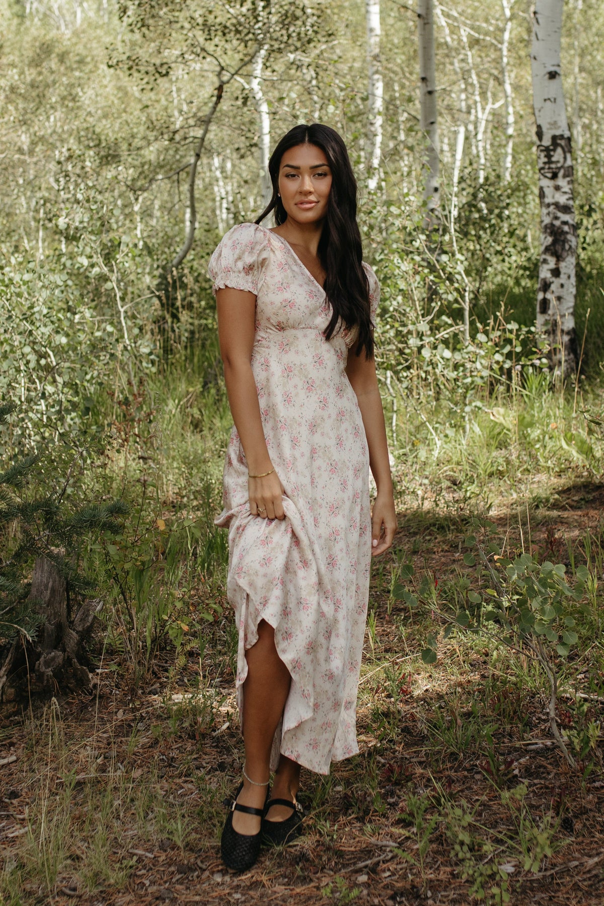 THE CELINE FLORAL MAXI V-NECK DRESS IN BEIGE