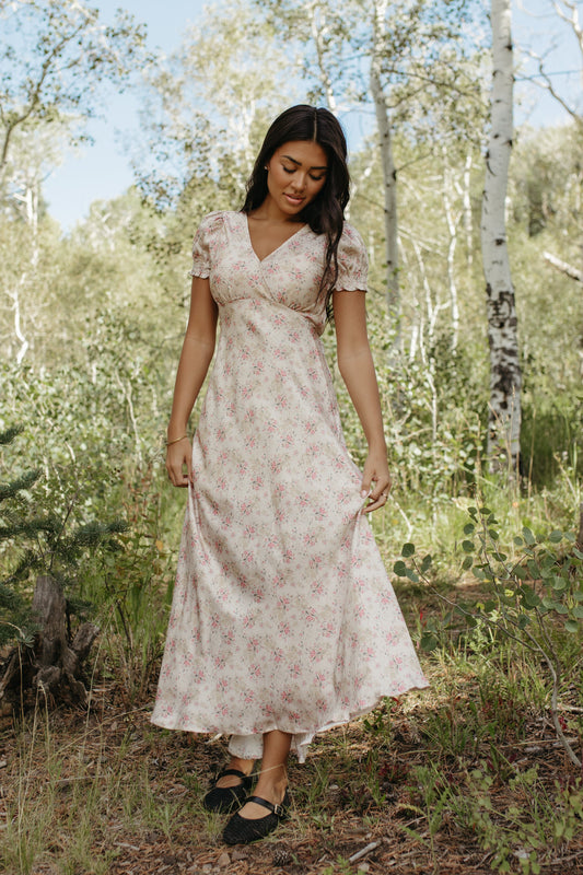 THE CELINE FLORAL MAXI V-NECK DRESS IN BEIGE