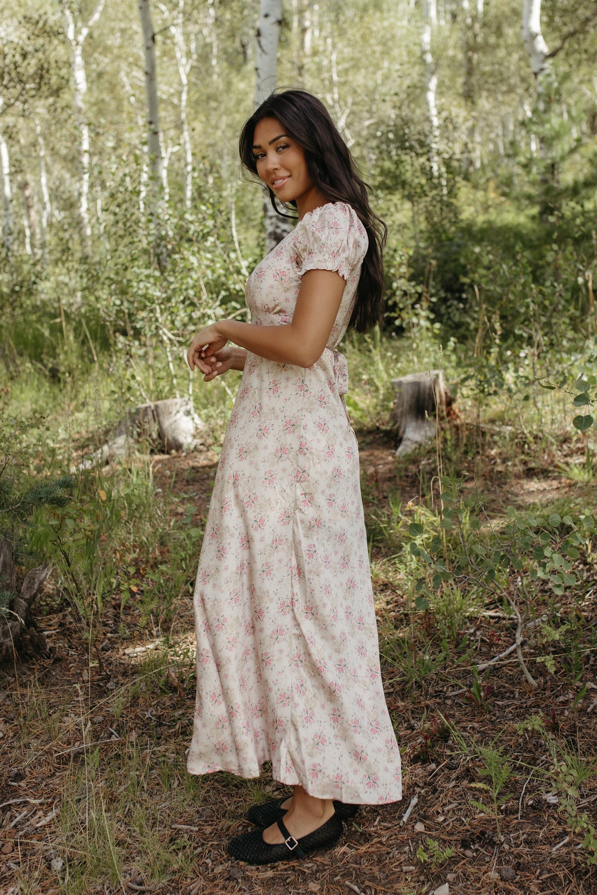 THE CELINE FLORAL MAXI V-NECK DRESS IN BEIGE