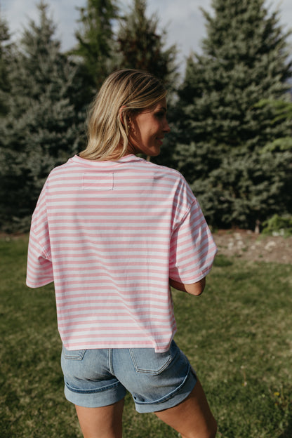 THE EVELYN OVERSIZED STRIPE TEE IN PINK/WHITE
