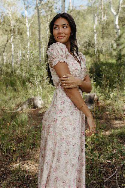 THE CELINE FLORAL MAXI V-NECK DRESS IN BEIGE