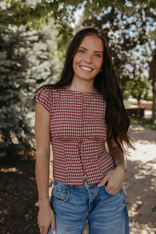 THE COLBIE PLAID PUFF SLEEVE BUTTON TOP IN BURGUNDY