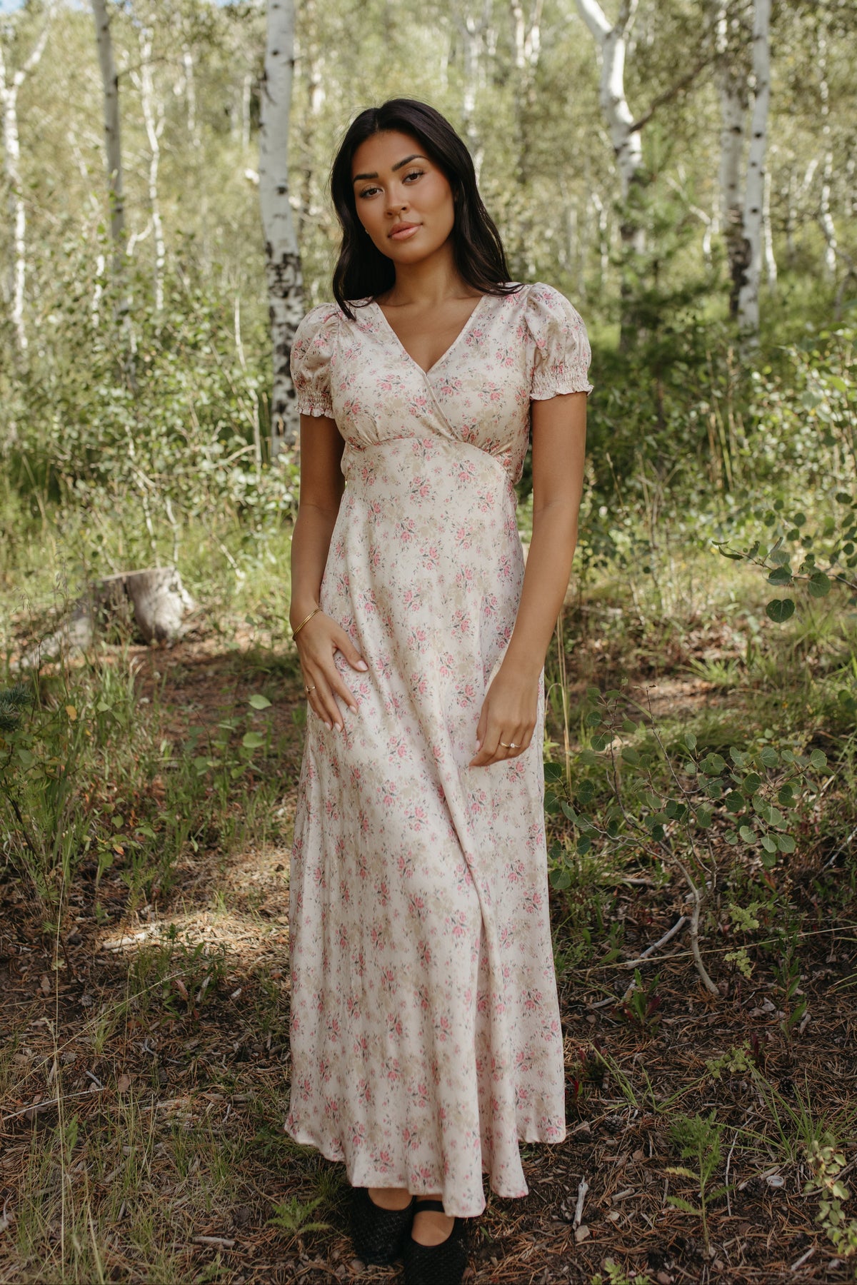 THE CELINE FLORAL MAXI V-NECK DRESS IN BEIGE