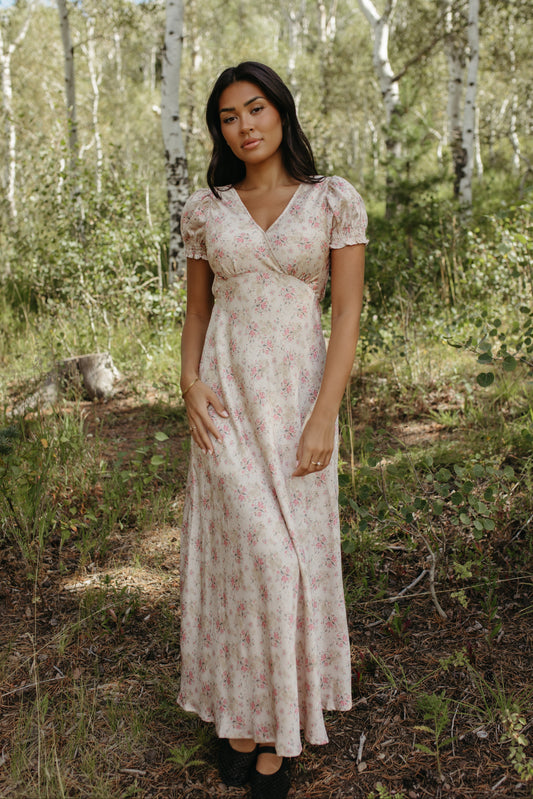 THE CELINE FLORAL MAXI V-NECK DRESS IN BEIGE