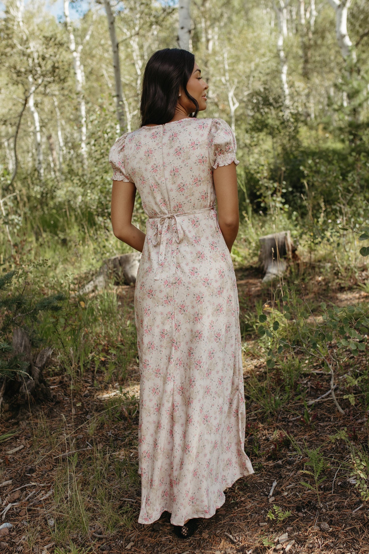 THE CELINE FLORAL MAXI V-NECK DRESS IN BEIGE