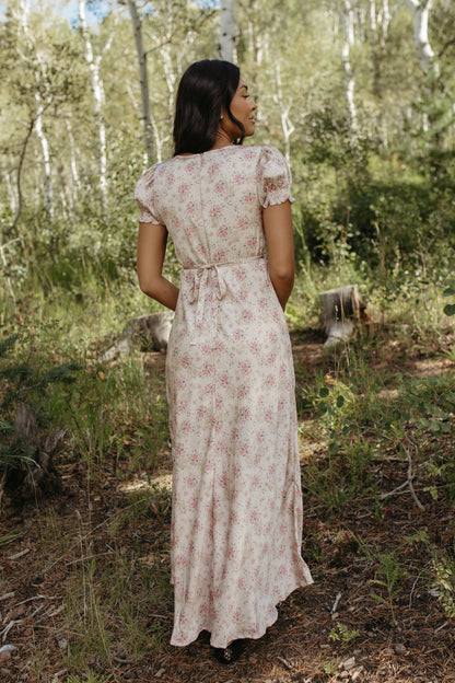 THE CELINE FLORAL MAXI V-NECK DRESS IN BEIGE