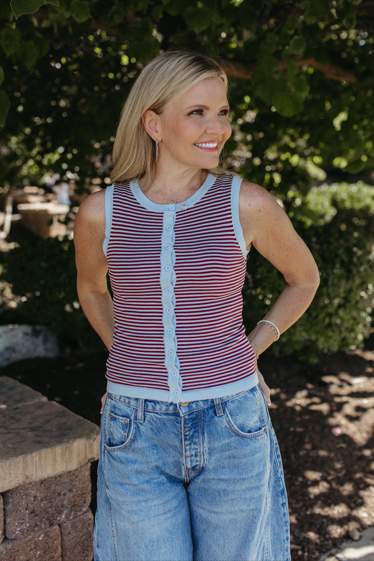 THE LORETTA STRIPE SLEEVELESS BUTTON SWEATER IN LIGHT BLUE