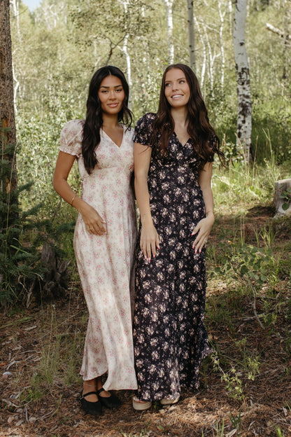 THE CELINE FLORAL MAXI V-NECK DRESS IN BEIGE