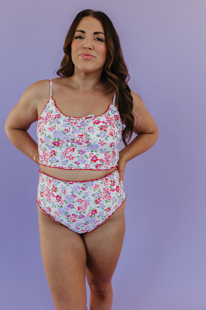 RUFFLE SWIM TOP IN CORAL BLOSSOM BY PINK DESERT X SARAH TRIPP