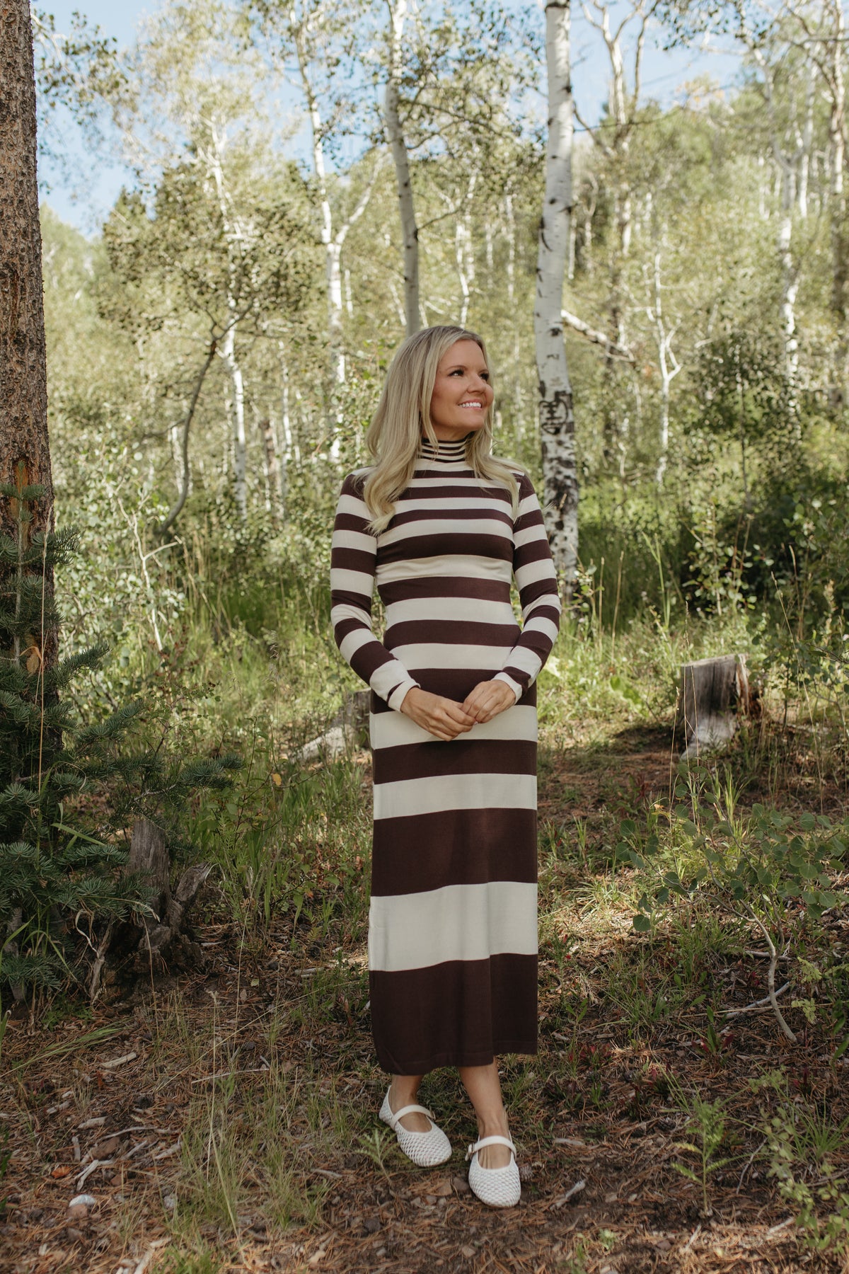 THE MIRABELLE STRIPE TURTLE NECK MAXI DRESS IN BROWN