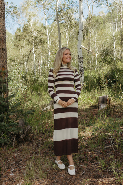THE MIRABELLE STRIPE TURTLE NECK MAXI DRESS IN BROWN