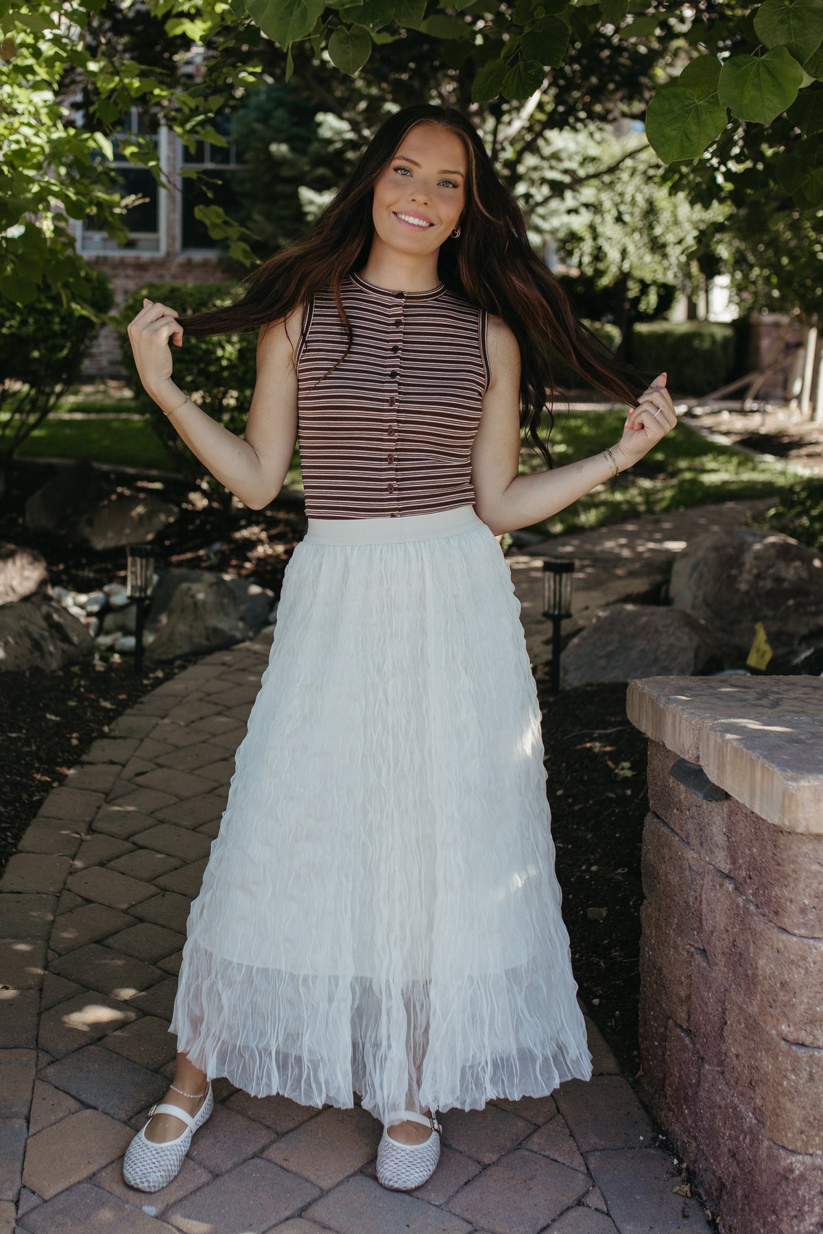 THE GUINEVERE STRIPED SLEEVELESS BUTTON TANK IN BROWN