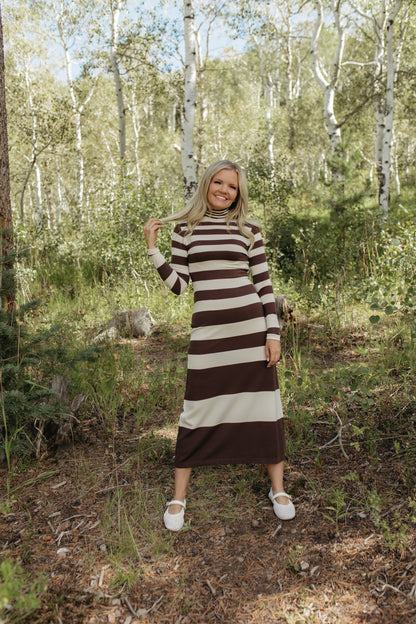 THE MIRABELLE STRIPE TURTLE NECK MAXI DRESS IN BROWN